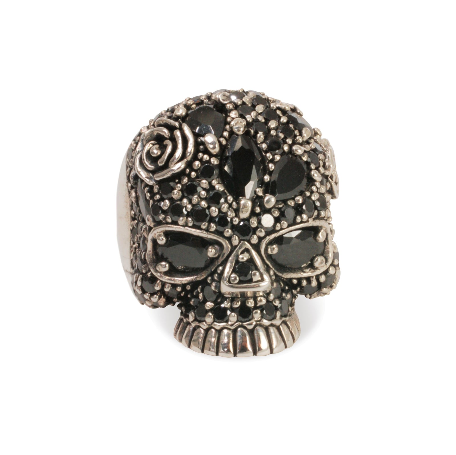 Skull ring with black cubic zirconia