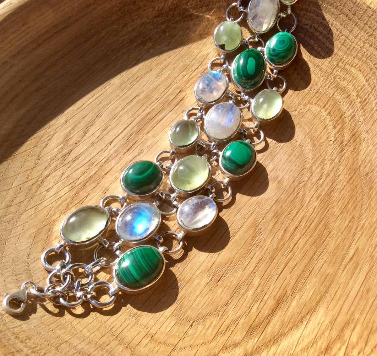 Rainbow Moonstone, Phrenite & Malachite bracelet