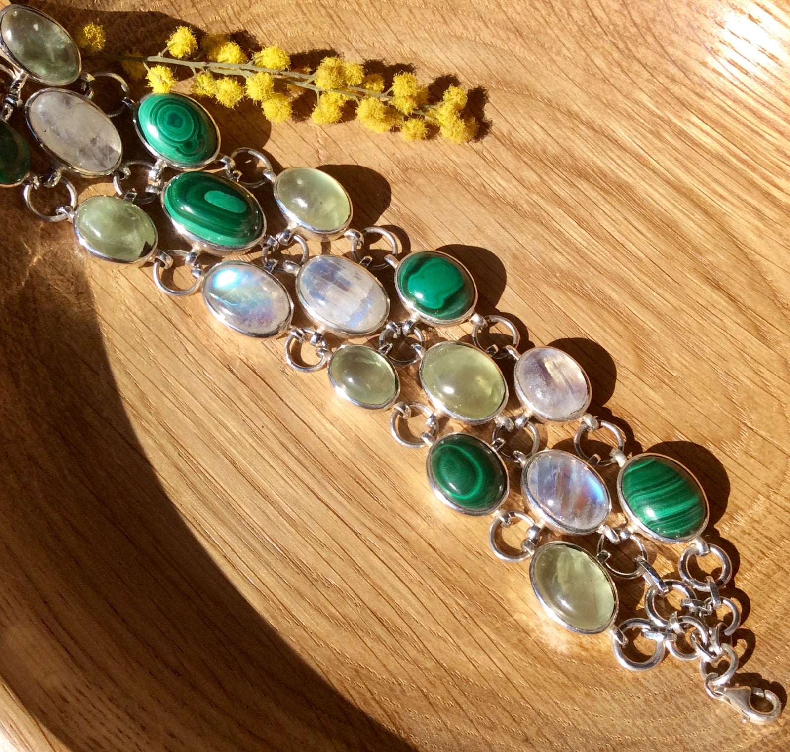 Rainbow Moonstone, Phrenite & Malachite bracelet