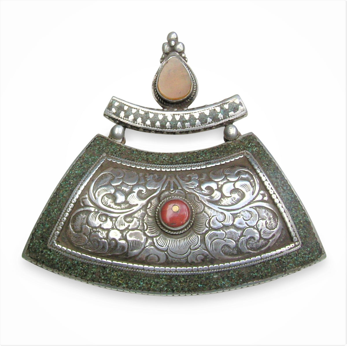 Tibetan Silver Pendant with Coral &amp; Amber