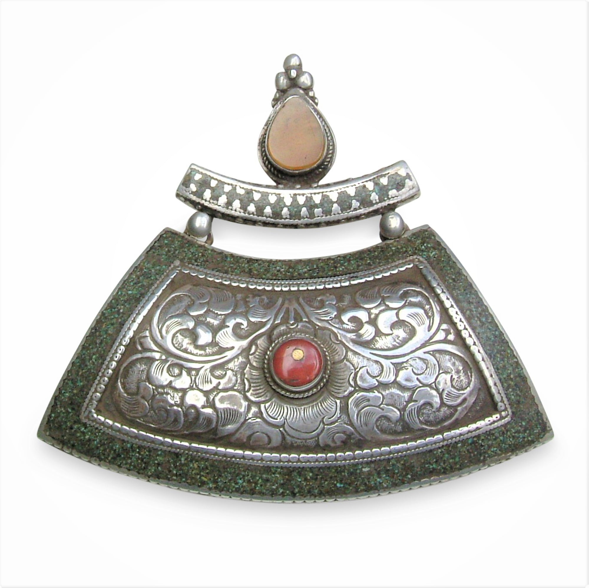Tibetan Silver Pendant with Coral & Amber